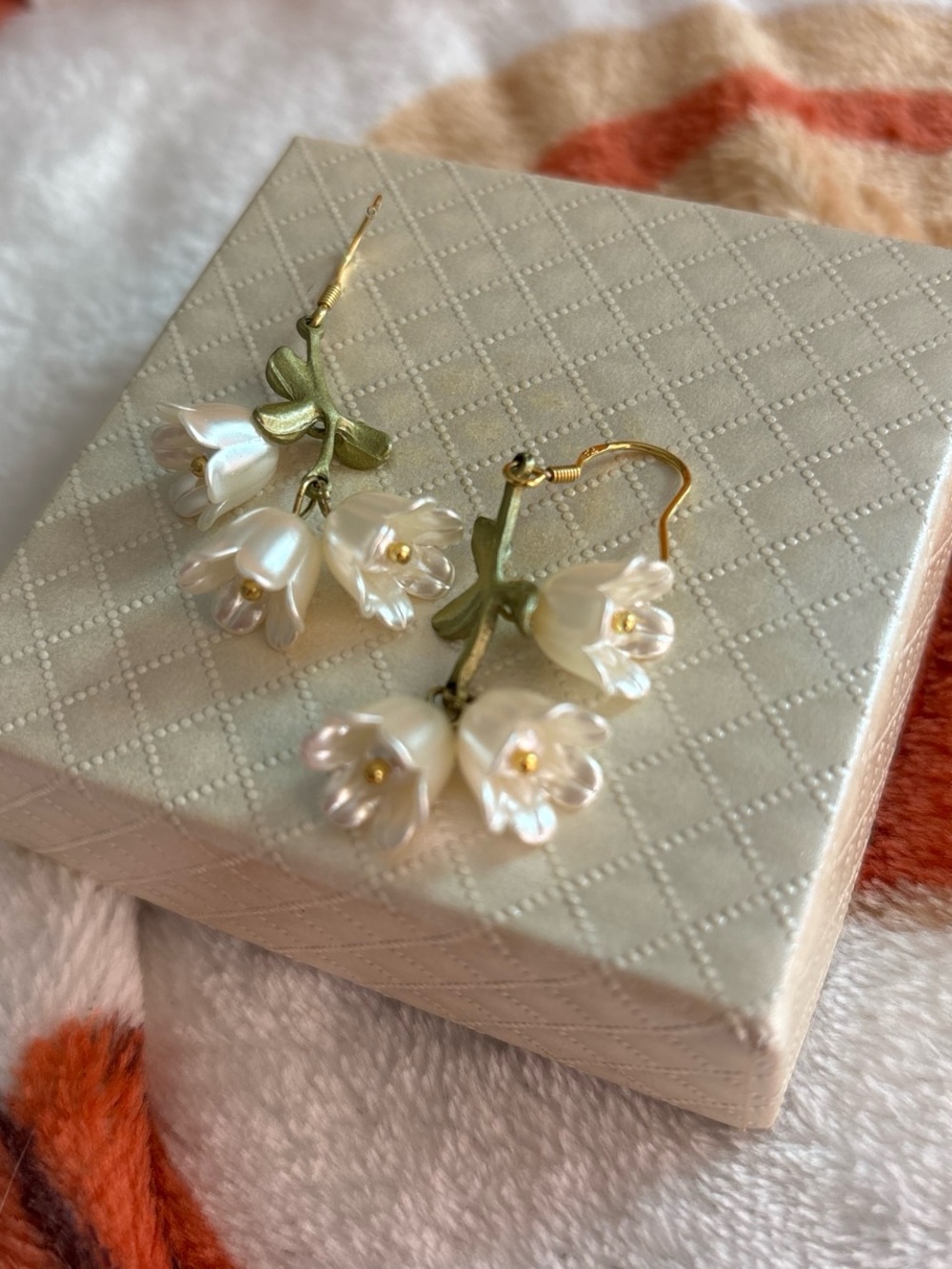Delicate White Floral Drop Earrings - Gold Accents